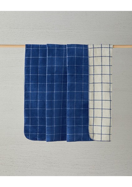 Plain Check Pamuklu Tek Kişilik Battaniye Lacivert - Krem 150X200