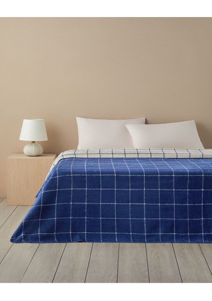 Plain Check Pamuklu Tek Kişilik Battaniye Lacivert - Krem 150X200