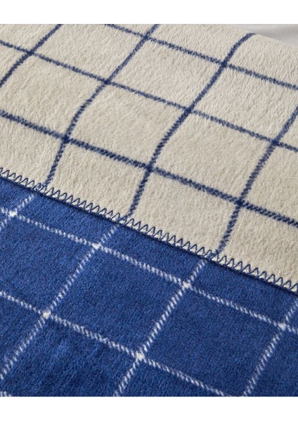 Plain Check Pamuklu Tek Kişilik Battaniye Lacivert - Krem 150X200
