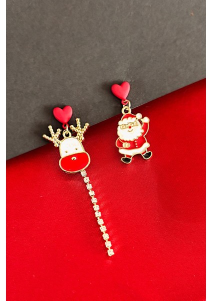 Yılbaşı Figürleri Noel Baba Yılbaşı Ağacı ve Ponpon Mineli Asimetrik Sallantılı Küpe