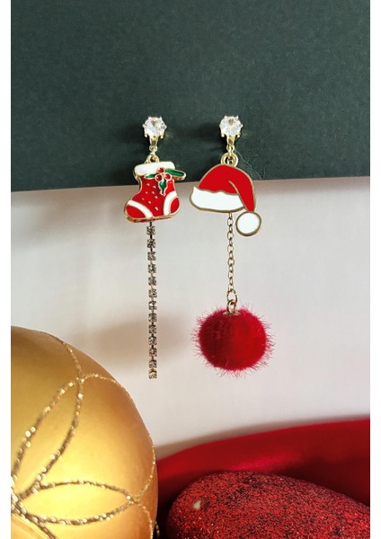 Yılbaşı Figürleri Noel Baba Yılbaşı Ağacı ve Ponpon Mineli Asimetrik Sallantılı Küpe