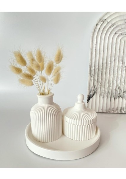 Beton Dekor Seti, Beyaz Beton Vazo, Beyaz Beton Tabak, Beyaz Yuvarlak Tepsi,