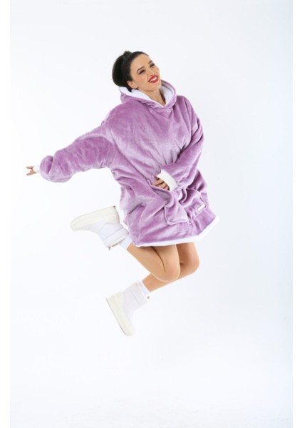 Mor oversized kapşonlu sweatshirt, rahat ve şık tasarım, yumuşak dokunuşlu lila renk indirimleri