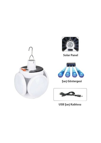 Solar Güneş Enerji ve USB Sarjlı 5 Kanatlı Bahçe Aydınlatma LED Askılı Pratik Kamp Lamba