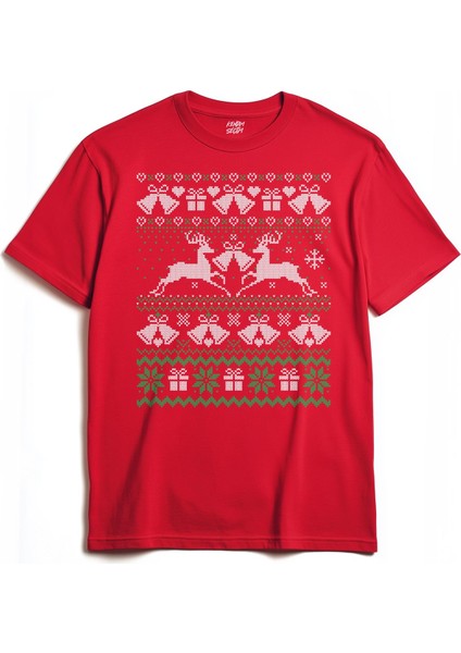 Yılbaşı Geyik 2025 Hediye Christmas Happy New Year Yeni Yıl Ugly Tee Baskılı T-Shirt Kırmızı Tişört