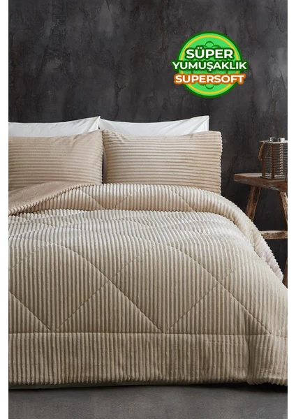 Evlen Home Collection Sherpa Çift Taraflı Yorgan Seti ( Uyku Seti ) Çift Kişilik 3 Parça Cappuccino