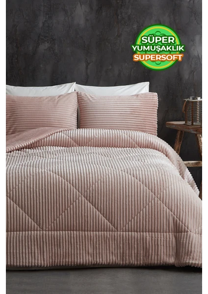 Evlen Home Collection Sherpa Çift Taraflı Yorgan Seti ( Uyku Seti ) Çift Kişilik 3 Parça Pudra