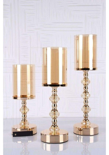 Kristal Taşlı Ayaklı Gold Şamdan Mumluk Kaliteli 3'lü Set -6010