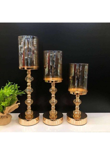 Kristal Taşlı Ayaklı Gold Şamdan Mumluk Kaliteli 3'lü Set -6010