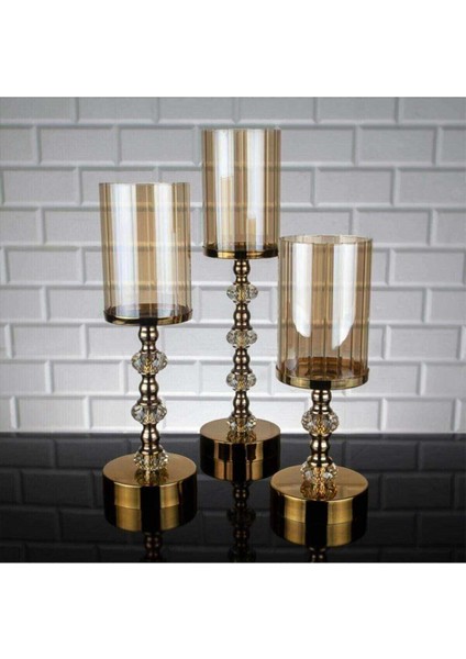 Kristal Taşlı Ayaklı Gold Şamdan Mumluk Kaliteli 3'lü Set -6010