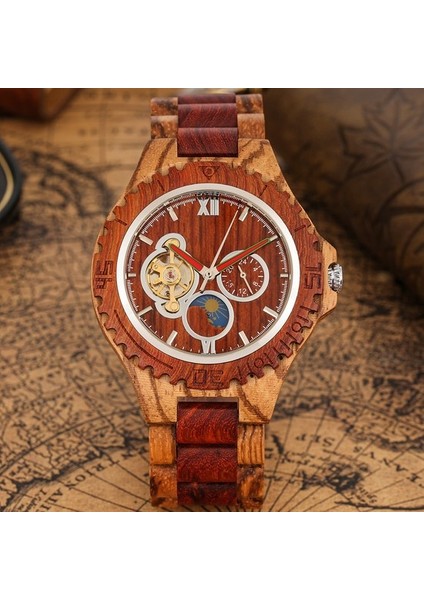 W581802 Lüks Moda Lüks Iş Büyük Büyük Kadran Hollow Güneş Ay Yıldız Erkek Ahşap Mekanik Saatler Erkekler Için (Yurt Dışından)