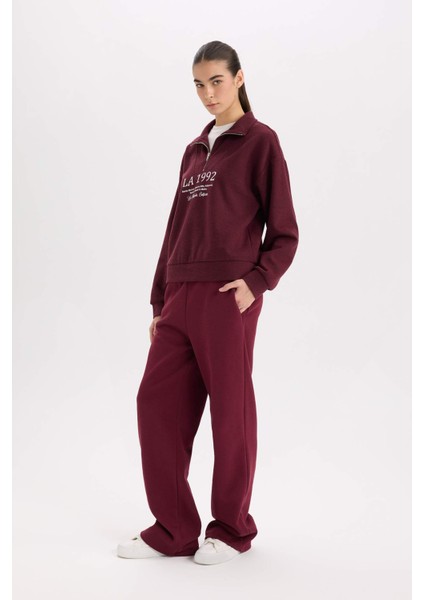 Straight Fit Beli Lastikli Cepli Yüksek Bel Kalın Basic Düz Eşofman Altı B8571AX24WN