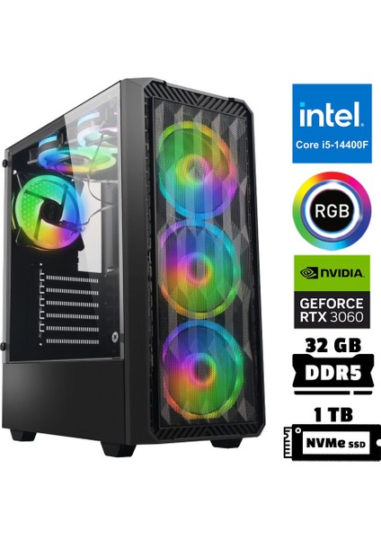 XSR957 I5 14400F 32GB Ddr5 Ram 1tb M.2 Nvme SSD 12GB RTX3060 Masaüstü Oyuncu Bilgisayarı