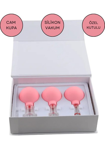 Silikon Vakumlu Cam Yüz Masaj Kupası 3'Lü Set Pembe Renk
