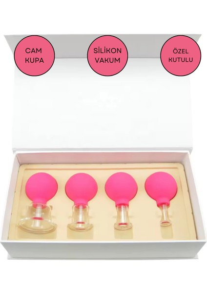 Silikon Vakumlu Cam Yüz Masaj Kupası 4'Lü Set Gül Pembe Renk