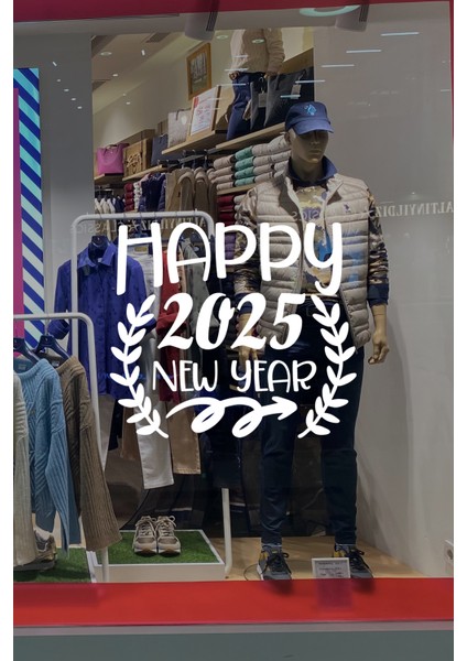 Taç Happy New Year 2025 Yazısı Yılbaşı Süslemeleri Yeni Yıl Vitrin Cam Sticker