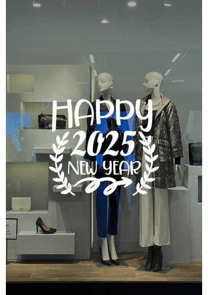 Taç Happy New Year 2025 Yazısı Yılbaşı Süslemeleri Yeni Yıl Vitrin Cam Sticker