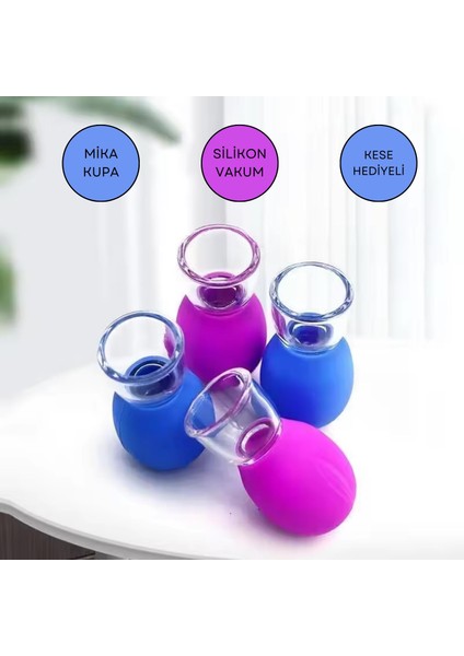 Mini Silikon Vakumlu Mika Yüz Masaj Kupası 4'Lü Set Mavi-Mor Renk