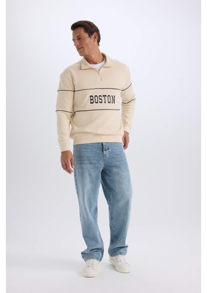 Relax Fit Dik Yaka Fermuarlı Baskılı Kalın Sweatshirt D2166AX24AU
