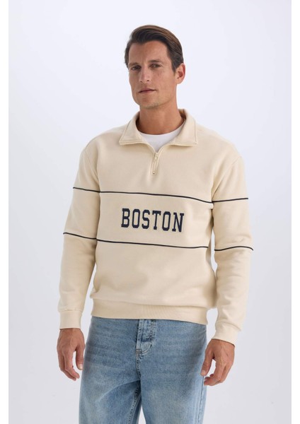 Relax Fit Dik Yaka Fermuarlı Baskılı Kalın Sweatshirt D2166AX24AU