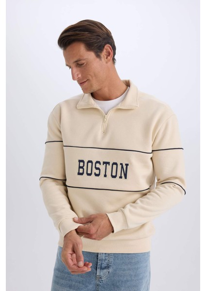 Relax Fit Dik Yaka Fermuarlı Baskılı Kalın Sweatshirt D2166AX24AU