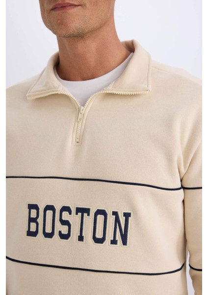 Relax Fit Dik Yaka Fermuarlı Baskılı Kalın Sweatshirt D2166AX24AU