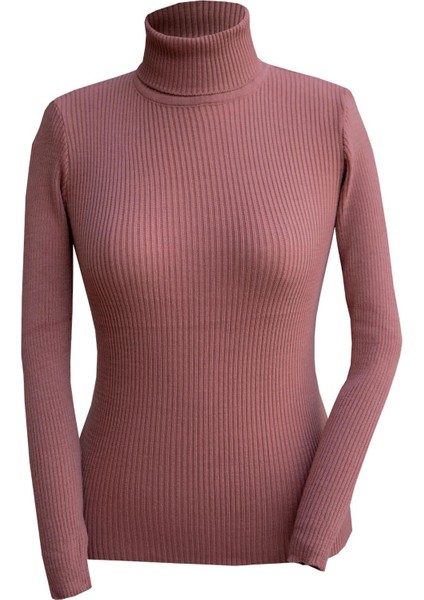 Triko Lycralı Balıkçı Yaka Body Kazak-Pembe