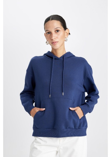 Relax Fit Kapüşonlu Kanguru Cepli Kalın Basic Düz Sweatshirt W1240AZ24WN