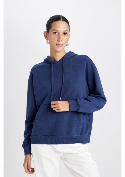 Relax Fit Kapüşonlu Kanguru Cepli Kalın Basic Düz Sweatshirt W1240AZ24WN