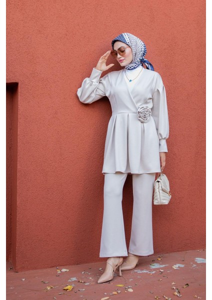 Rose Dalgıç Gül Detaylı Pantolon Tunik Takım-Zeytin modelleri