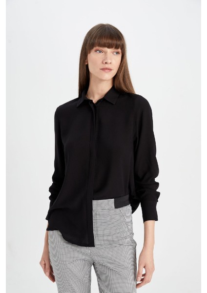 Regular Fit Basic Düz Uzun Kollu Siyah Gömlek Z6472AZ24AU