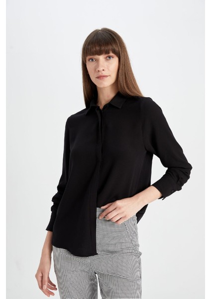Regular Fit Basic Düz Uzun Kollu Siyah Gömlek Z6472AZ24AU