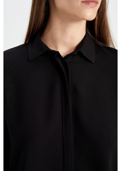 Regular Fit Basic Düz Uzun Kollu Siyah Gömlek Z6472AZ24AU