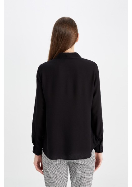 Regular Fit Basic Düz Uzun Kollu Siyah Gömlek Z6472AZ24AU