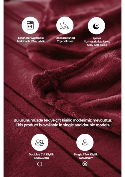 Mayer Supersoft Yumuşak Tek Kişilik Battaniye Yatak Örtüsü 150X230 cm Koyu Kırmızı Bordo