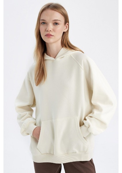 Oversize Geniş Kalıp Kapüşonlu Kanguru Cepli Kalın Basic Düz Sweatshirt C7805AX24WN