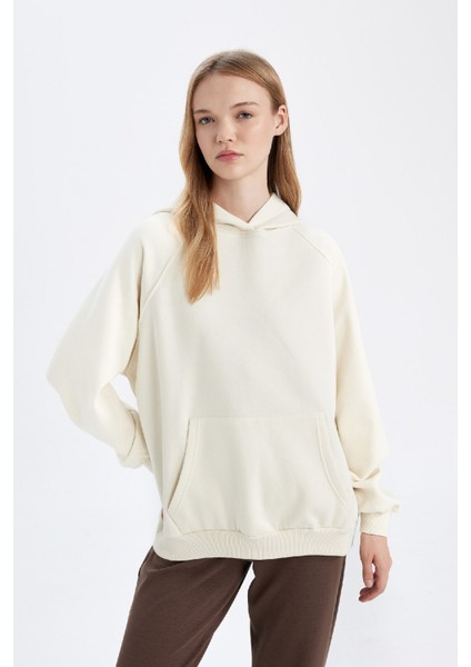 Oversize Geniş Kalıp Kapüşonlu Kanguru Cepli Kalın Basic Düz Sweatshirt C7805AX24WN