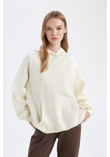 Oversize Geniş Kalıp Kapüşonlu Kanguru Cepli Kalın Basic Düz Sweatshirt C7805AX24WN