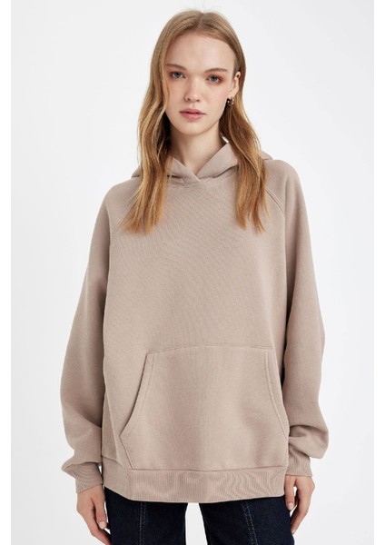 Oversize Geniş Kalıp Kapüşonlu Kanguru Cepli Kalın Basic Düz Sweatshirt C7805AX24WN