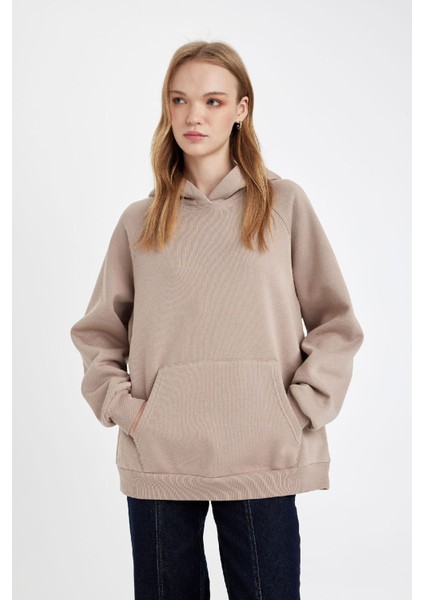 Oversize Geniş Kalıp Kapüşonlu Kanguru Cepli Kalın Basic Düz Sweatshirt C7805AX24WN