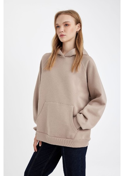 Oversize Geniş Kalıp Kapüşonlu Kanguru Cepli Kalın Basic Düz Sweatshirt C7805AX24WN