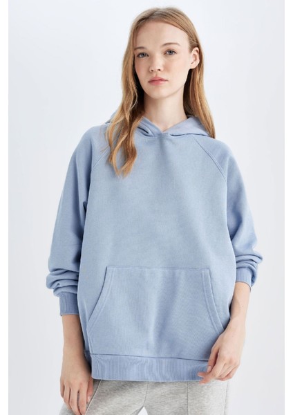 Oversize Geniş Kalıp Kapüşonlu Kanguru Cepli Kalın Basic Düz Sweatshirt C7805AX24WN