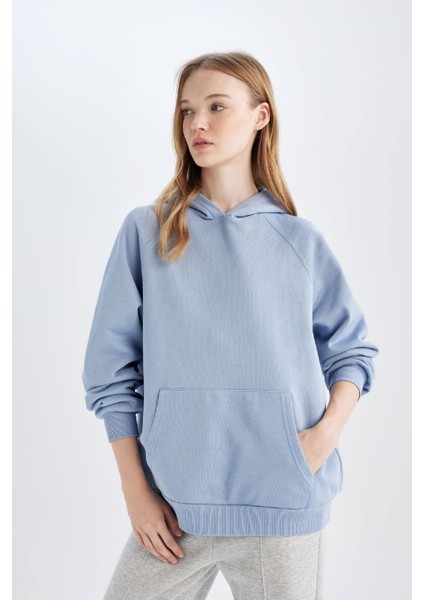 Oversize Geniş Kalıp Kapüşonlu Kanguru Cepli Kalın Basic Düz Sweatshirt C7805AX24WN