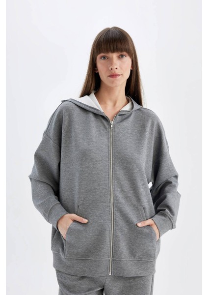 Oversize Geniş Kalıp Kapüşonlu Basic Düz Skuba Dalgıç Kumaş Cepli Fermuarlı Sweatshirt C6871AX24AU