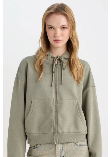 Coool Standart Fit Kapüşonlu Basic Düz Kanguru Cepli Fermuarlı Sweatshirt Z7069AZ24WN