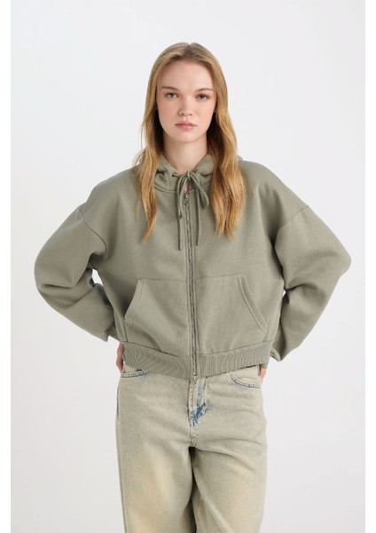 Coool Standart Fit Kapüşonlu Basic Düz Kanguru Cepli Fermuarlı Sweatshirt Z7069AZ24WN