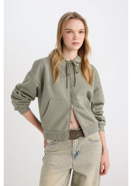 Coool Standart Fit Kapüşonlu Basic Düz Kanguru Cepli Fermuarlı Sweatshirt Z7069AZ24WN