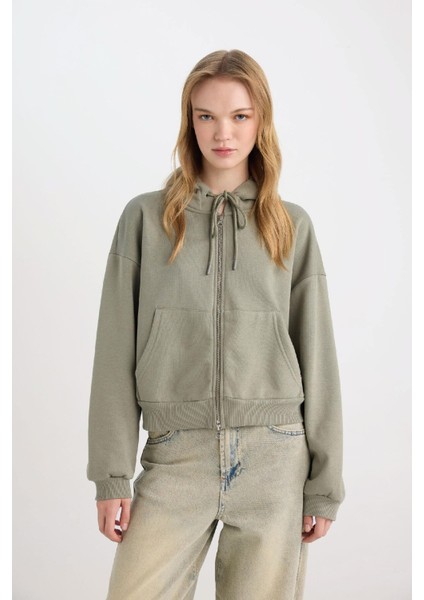 Coool Standart Fit Kapüşonlu Basic Düz Kanguru Cepli Fermuarlı Sweatshirt Z7069AZ24WN