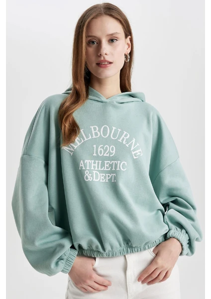 Relax Fit Kapüşonlu Baskılı Etek Ucu Lastikli Kalın Sweatshirt C4073AX23CW