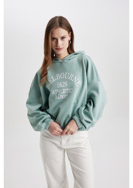 Relax Fit Kapüşonlu Baskılı Etek Ucu Lastikli Kalın Sweatshirt C4073AX23CW